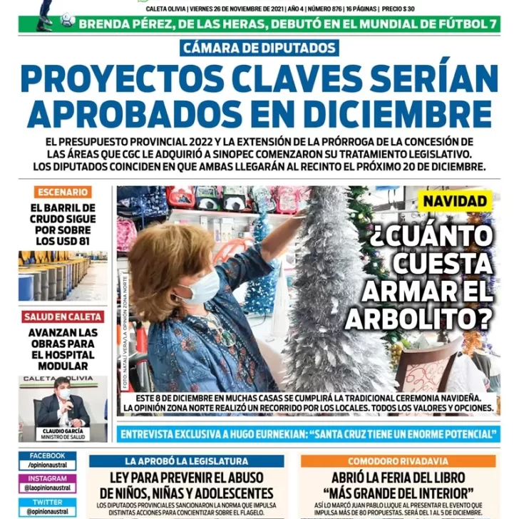 Diario La Opinión Zona Norte tapa edición impresa del 26 de noviembre de 2021, Caleta Olivia, Santa Cruz, Argentina