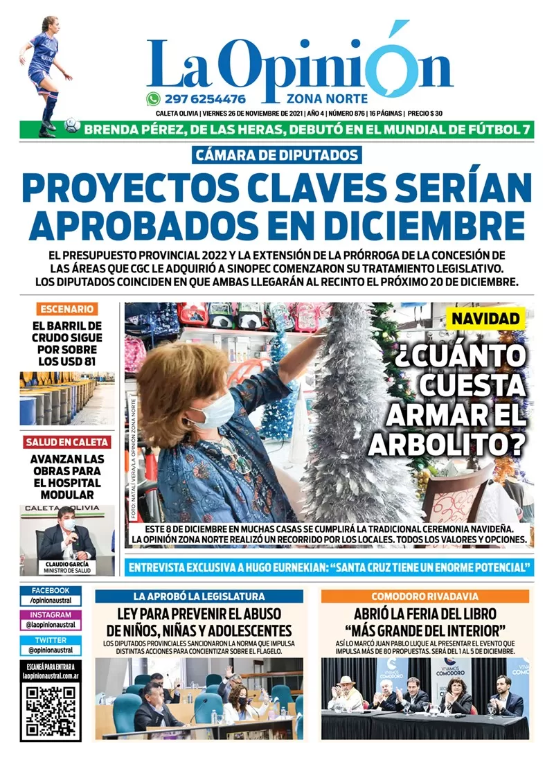 Diario La Opinión Zona Norte tapa edición impresa del 26 de noviembre de 2021, Caleta Olivia, Santa Cruz, Argentina
