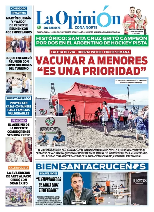 Diario La Opinión Zona Norte tapa edición impresa del 8 de noviembre de 2021, Caleta Olivia, Santa Cruz, Argentina