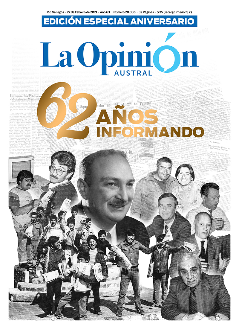 Tapa Edición Especial 62° Aniversario de La Opinión Austral, 27 de febrero del 2021