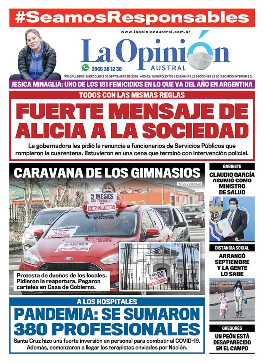 Diario La Opinión Austral tapa edición impresa del 2 de septiembre de 2020, Santa Cruz, Argentina
