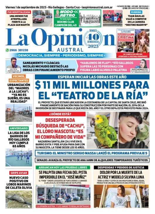 Diario La Opinión Austral tapa edición impresa del viernes 1 de septiembre de 2023, Río Gallegos, Santa Cruz, Argentina