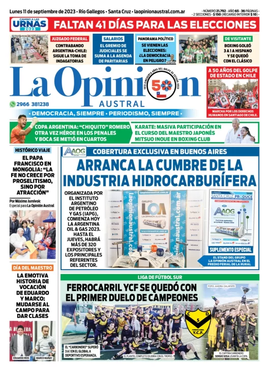Diario La Opinión Austral tapa edición impresa del lunes 11 de septiembre de 2023, Río Gallegos, Santa Cruz, Argentina