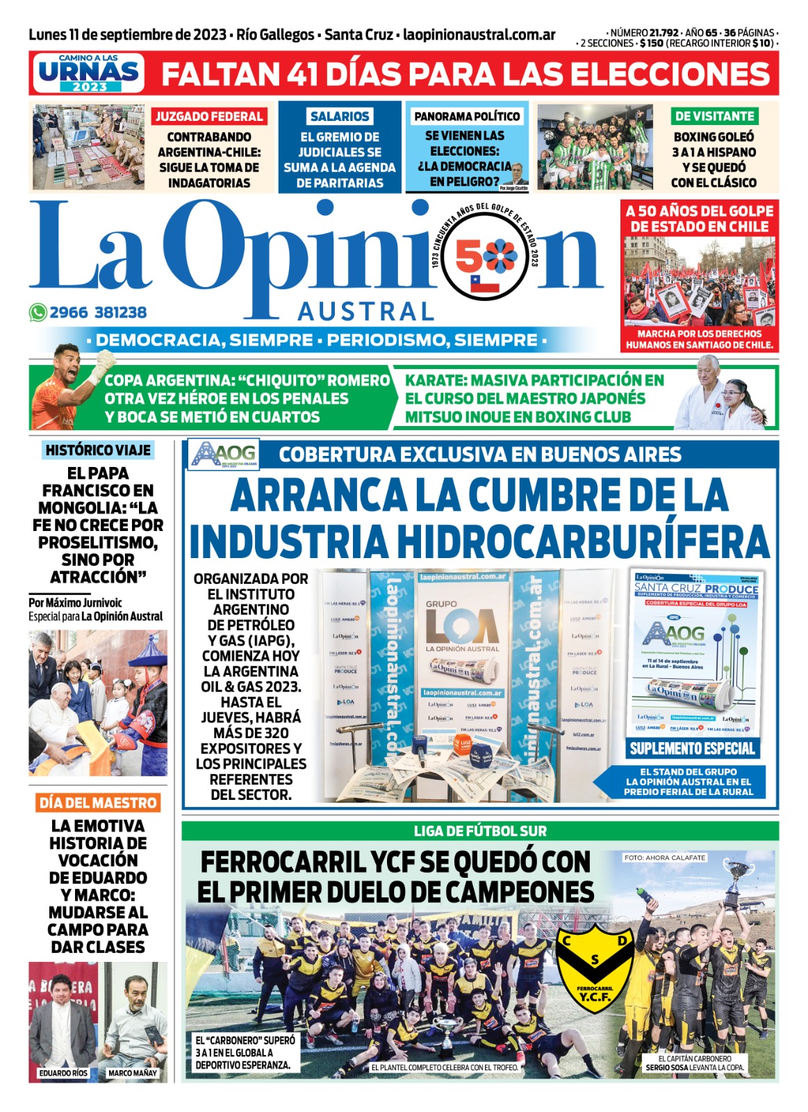 Diario La Opinión Austral tapa edición impresa del lunes 11 de septiembre de 2023, Río Gallegos, Santa Cruz, Argentina