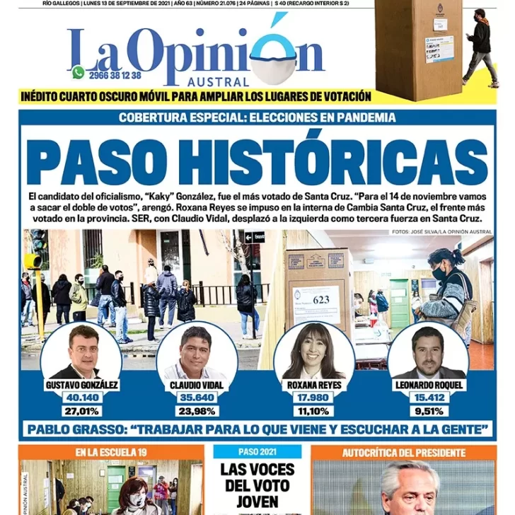 Diario La Opinión Austral tapa edición impresa del 13 de septiembre de 2021 Río Gallegos, Santa Cruz, Argentina