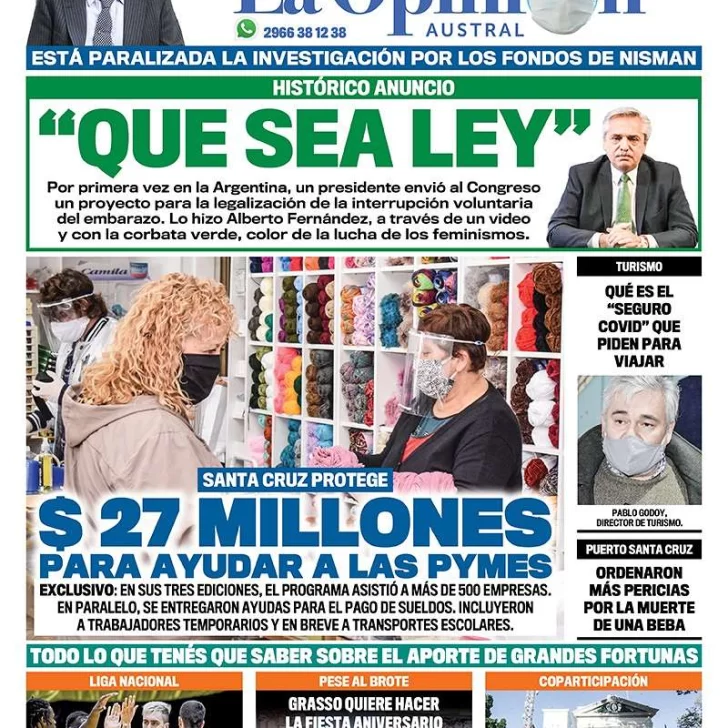 Diario La Opinión Austral tapa edición impresa del 18 de noviembre de 2020, Río Gallegos, Santa Cruz, Argentina