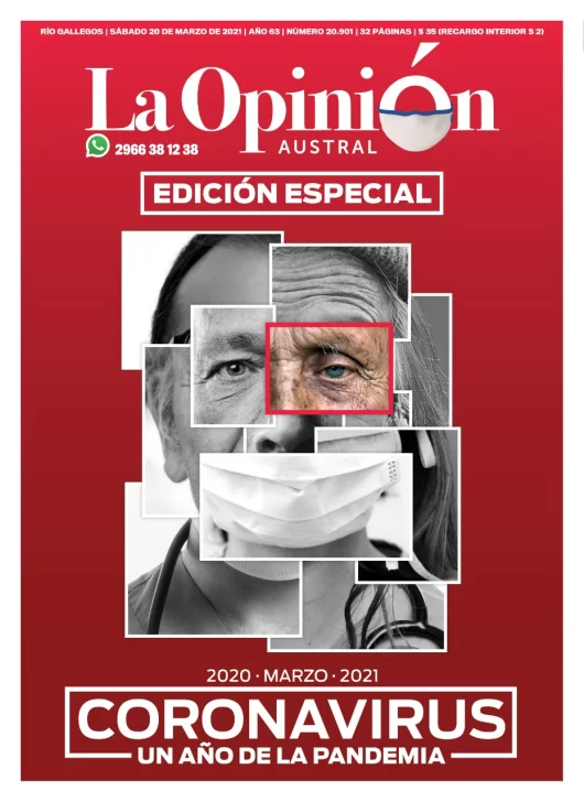 Diario La Opinión Austral tapa edición especial del 20 de marzo de 2021 un año de pandemia, Río Gallegos, Santa Cruz, Argentina