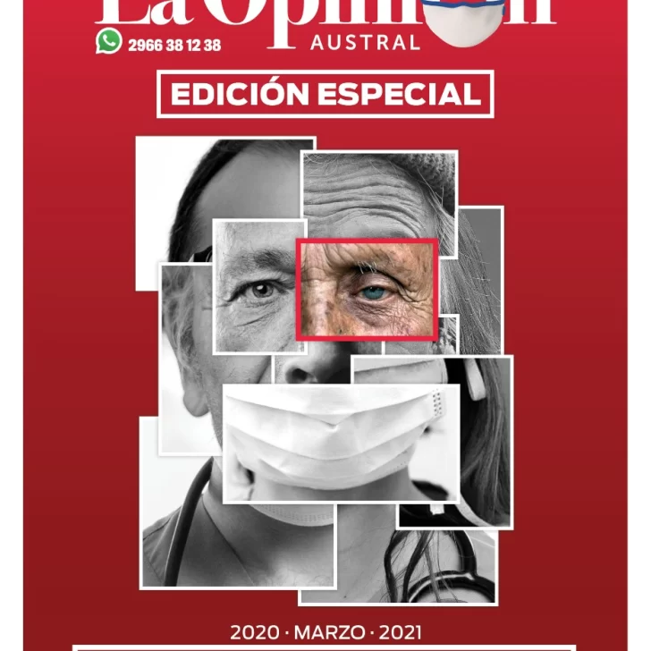 Diario La Opinión Austral tapa edición especial del 20 de marzo de 2021 un año de pandemia, Río Gallegos, Santa Cruz, Argentina