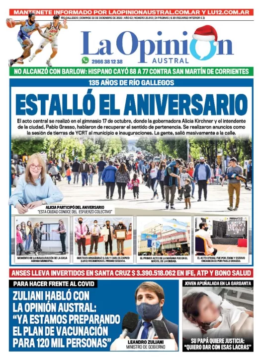 Diario La Opinión Austral tapa edición impresa del 20 de diciembre de 2020, Río Gallegos, Santa Cruz, Argentina