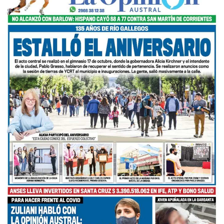 Diario La Opinión Austral tapa edición impresa del 20 de diciembre de 2020, Río Gallegos, Santa Cruz, Argentina