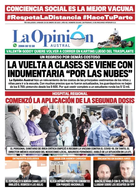 Diario La Opinión Austral tapa edición impresa del 23 de enero de 2021, Río Gallegos, Santa Cruz, Argentina