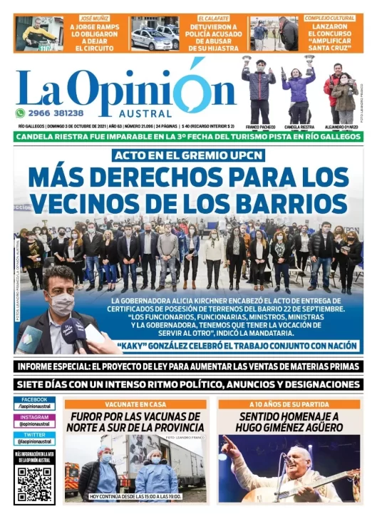 Diario La Opinión Austral tapa edición impresa del 3 de octubre de 2021 Río Gallegos, Santa Cruz, Argentina