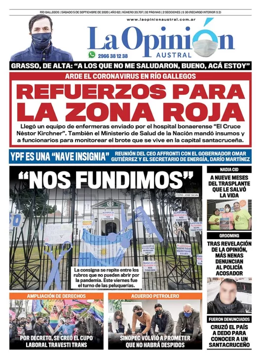 Diario La Opinión Austral tapa edición impresa del 5 de septiembre de 2020, Santa Cruz, Argentina