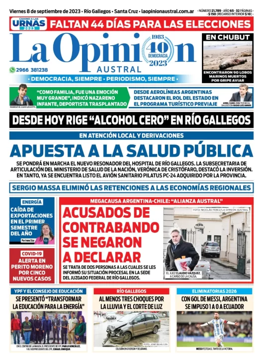 Diario La Opinión Austral tapa edición impresa del viernes 8 de septiembre de 2023, Río Gallegos, Santa Cruz, Argentina