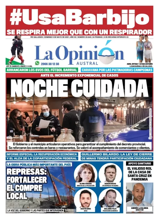 Diario La Opinión Austral tapa edición impresa del 9 de mayo de 2021 Río Gallegos, Santa Cruz, Argentina