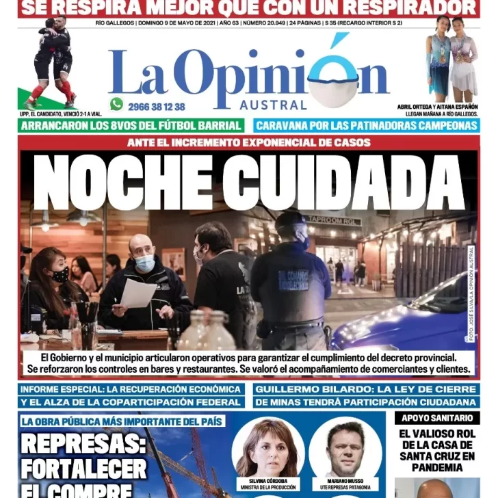 Diario La Opinión Austral tapa edición impresa del 9 de mayo de 2021 Río Gallegos, Santa Cruz, Argentina