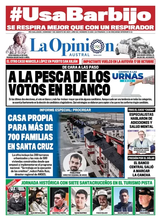 Diario La Opinión Austral tapa edición impresa del 1 de agosto de 2021 Río Gallegos, Santa Cruz, Argentina