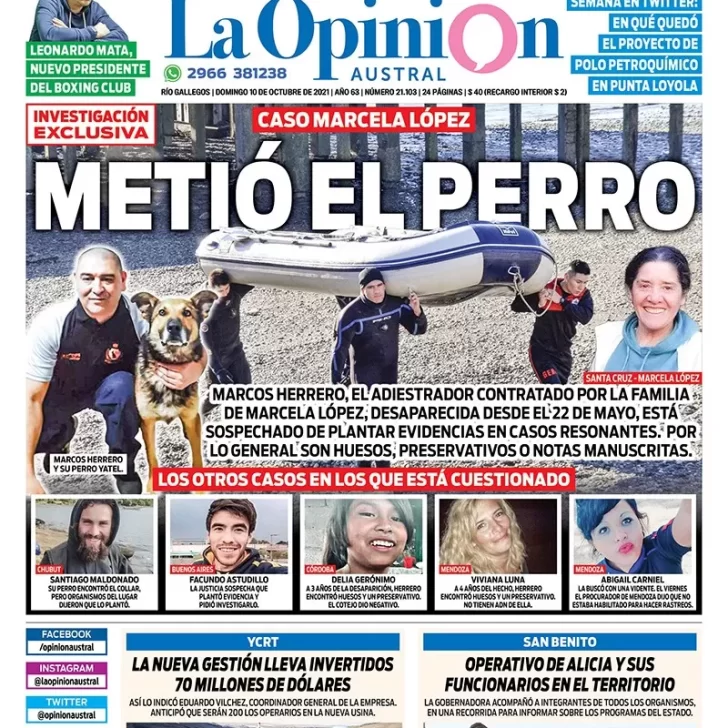 Diario La Opinión Austral tapa edición impresa del 10 de octubre de 2021 Río Gallegos, Santa Cruz, Argentina