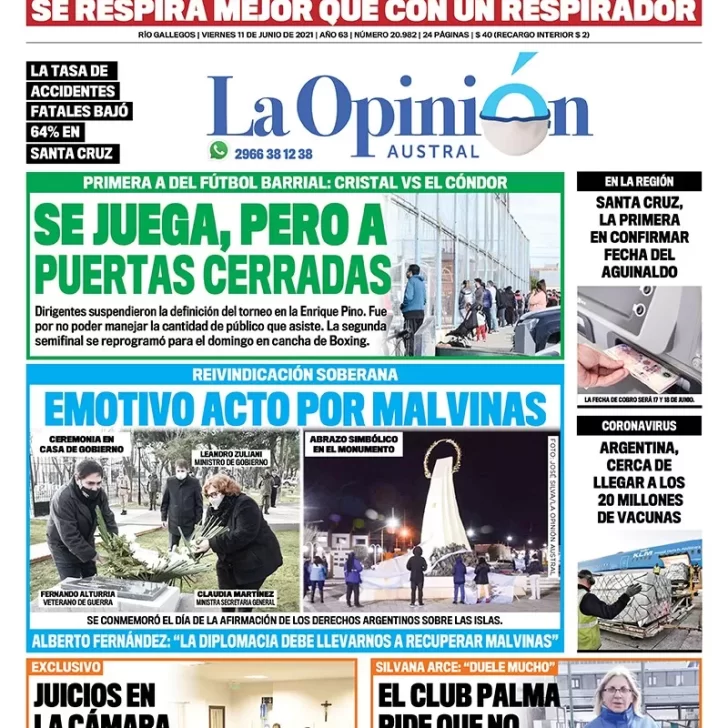 Diario La Opinión Austral tapa edición impresa del 11 de junio de 2021 Río Gallegos, Santa Cruz, Argentina