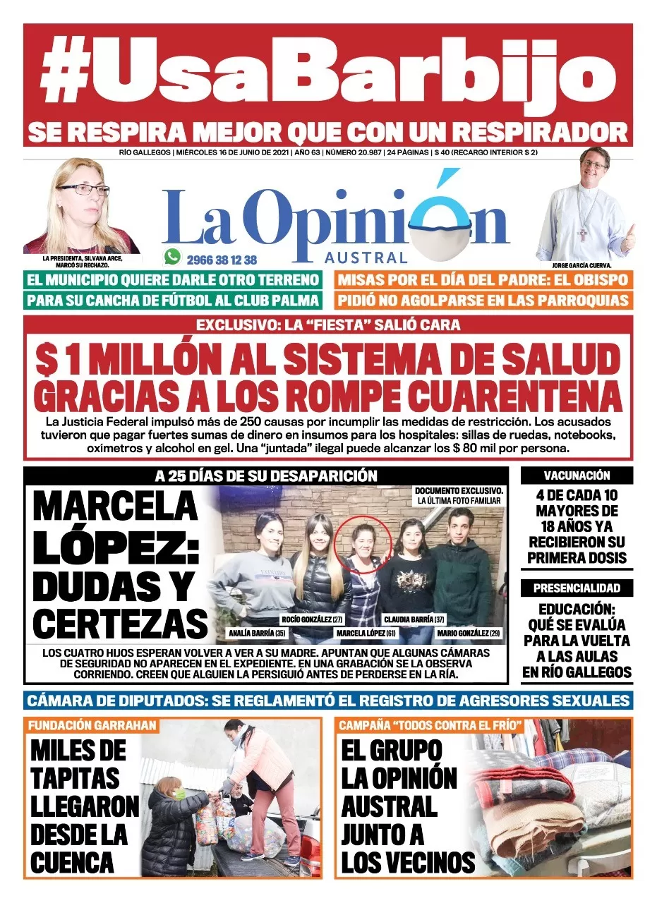 Diario La Opinión Austral tapa edición impresa del 16 de junio de 2021 Río Gallegos, Santa Cruz, Argentina