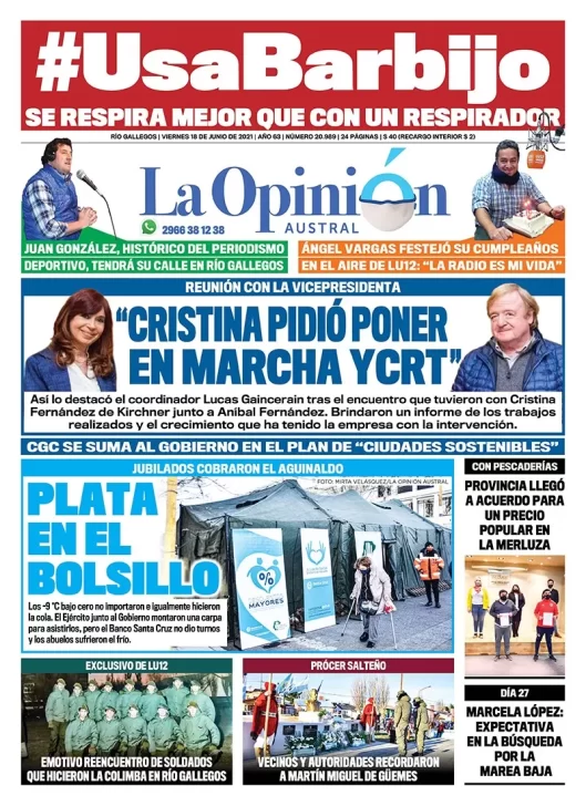 Diario La Opinión Austral tapa edición impresa del 18 de junio de 2021 Río Gallegos, Santa Cruz, Argentina