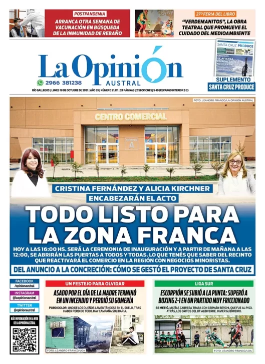 Diario La Opinión Austral tapa edición impresa del 18 de octubre de 2021 Río Gallegos, Santa Cruz, Argentina