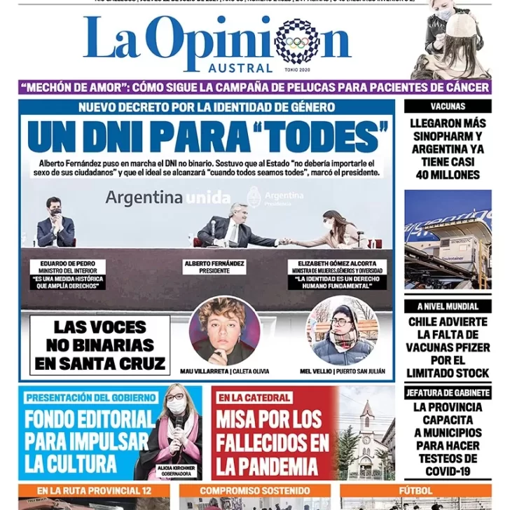 Diario La Opinión Austral tapa edición impresa del 22 de julio de 2021 Río Gallegos, Santa Cruz, Argentina Diario La Opinión Austral tapa edición impresa del 22 de julio de 2021 Río Gallegos, Santa Cruz, Argentina