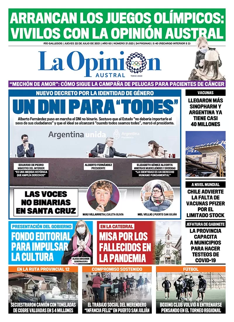 Diario La Opinión Austral tapa edición impresa del 22 de julio de 2021 Río Gallegos, Santa Cruz, Argentina Diario La Opinión Austral tapa edición impresa del 22 de julio de 2021 Río Gallegos, Santa Cruz, Argentina