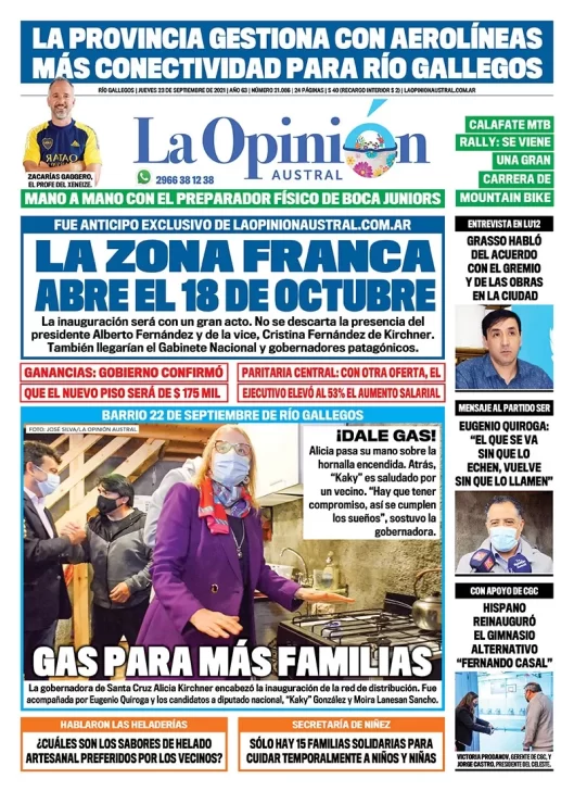 Diario La Opinión Austral tapa edición impresa del 23 de septiembre de 2021 Río Gallegos, Santa Cruz, Argentina