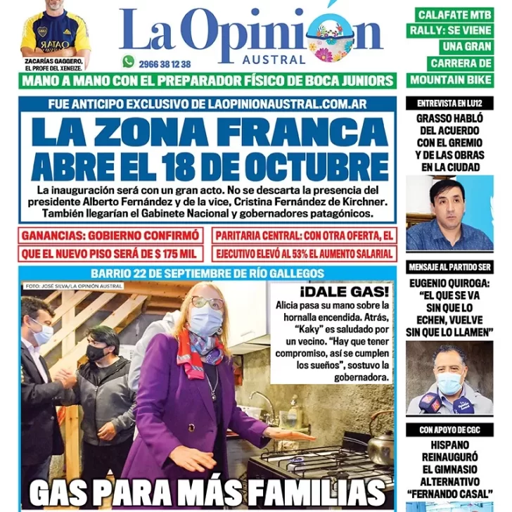 Diario La Opinión Austral tapa edición impresa del 23 de septiembre de 2021 Río Gallegos, Santa Cruz, Argentina