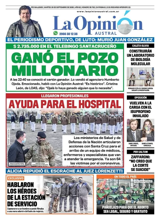 Diario La Opinión Austral tapa edición impresa del 29 de septiembre de 2020, Río Gallegos, Santa Cruz, Argentina