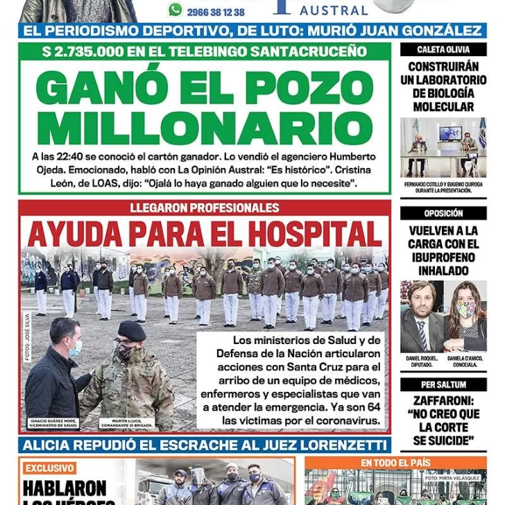 Diario La Opinión Austral tapa edición impresa del 29 de septiembre de 2020, Río Gallegos, Santa Cruz, Argentina