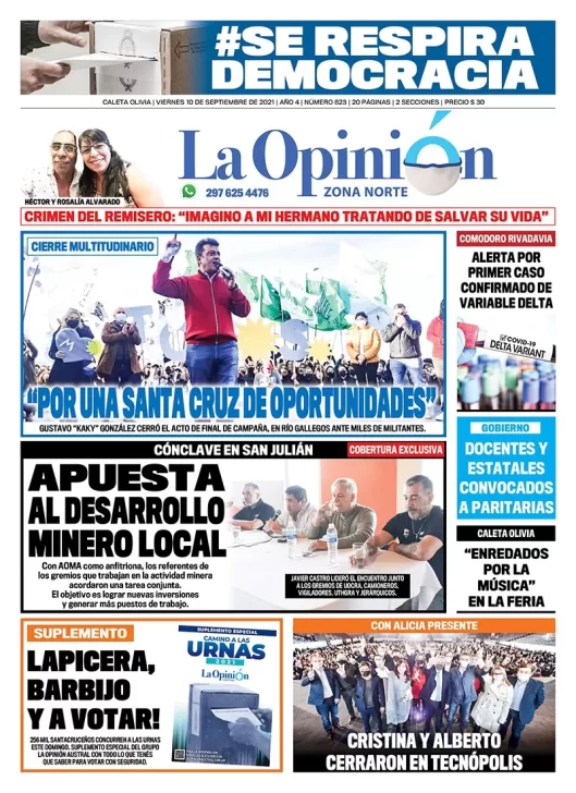 Diario La Opinión Zona Norte tapa edición impresa del 10 de septiembre de 2021, Caleta Olivia, Santa Cruz, Argentina