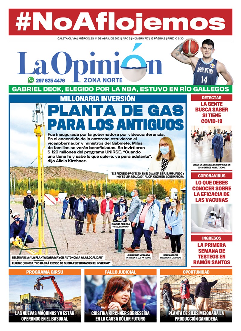 Diario La Opinión Zona Norte tapa edición impresa del 14 de abril de 2021, Río Gallegos, Santa Cruz, Argentina Diario La Opinión Zona Norte tapa edición impresa del 14 de abril de 2021, Río Gallegos, Santa Cruz, Argentina
