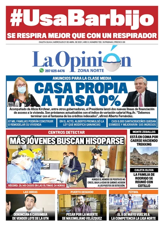 Diario La Opinión Zona Norte tapa edición impresa del 21 de abril de 2021, Río Gallegos, Santa Cruz, Argentina