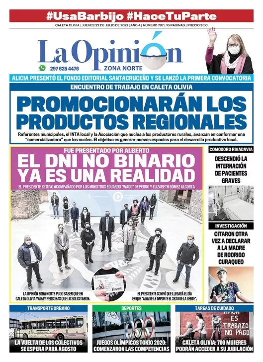 Diario La Opinión Zona Norte tapa edición impresa del 22 de julio de 2021, Caleta Olivia, Santa Cruz, Argentina