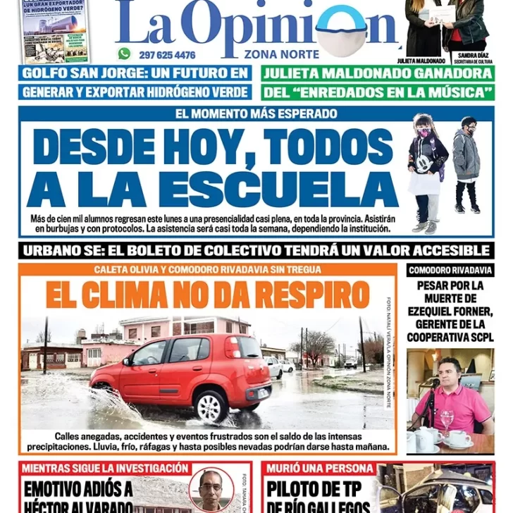 Diario La Opinión Zona Norte tapa edición impresa del 23 de agosto de 2021, Caleta Olivia, Santa Cruz, Argentina Diario La Opinión Zona Norte tapa edición impresa del 23 de agosto de 2021, Caleta Olivia, Santa Cruz, Argentina