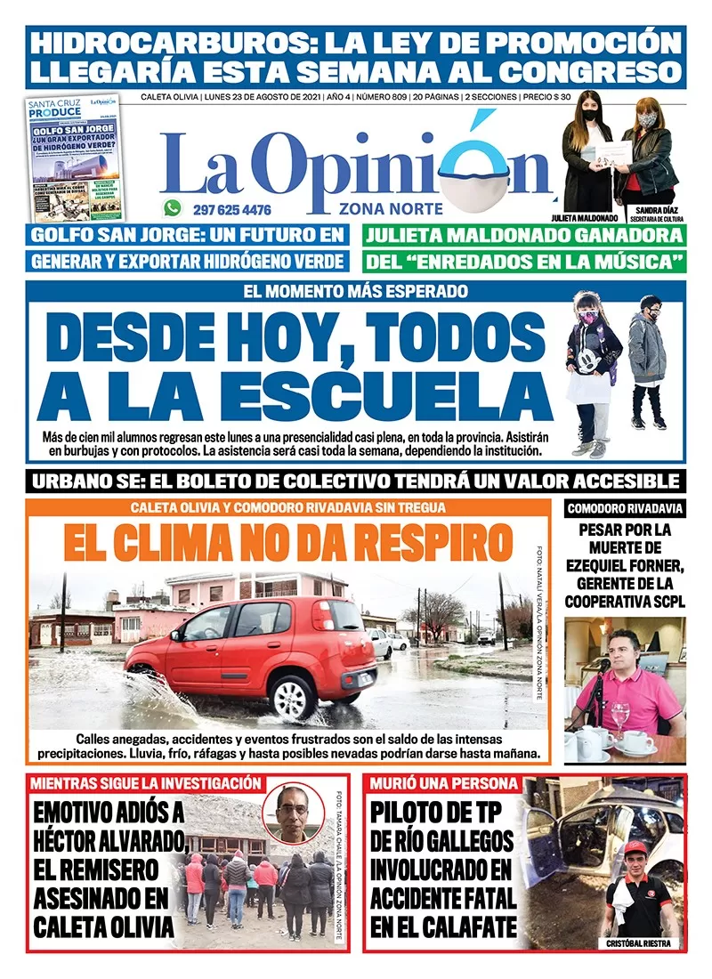 Diario La Opinión Zona Norte tapa edición impresa del 23 de agosto de 2021, Caleta Olivia, Santa Cruz, Argentina Diario La Opinión Zona Norte tapa edición impresa del 23 de agosto de 2021, Caleta Olivia, Santa Cruz, Argentina