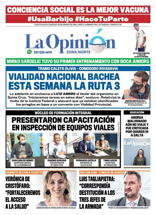 Diario La Opinión Zona Norte tapa edición impresa del 23 de marzo de 2021, Río Gallegos, Santa Cruz, Argentina