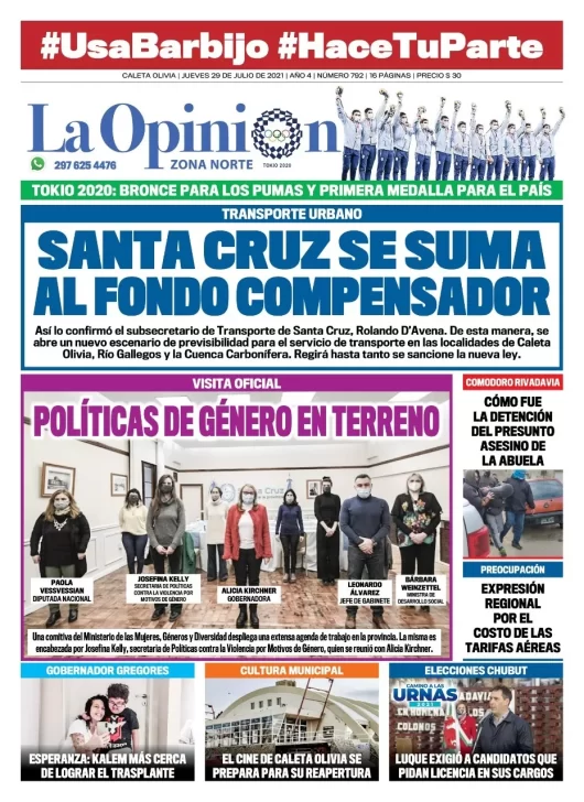 Diario La Opinión Zona Norte tapa edición impresa del 29 de julio de 2021, Caleta Olivia, Santa Cruz, Argentina