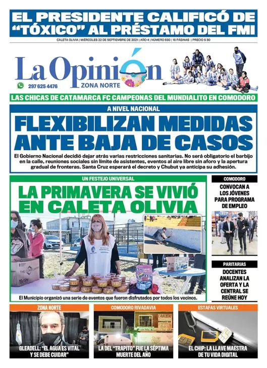 Diario La Opinión Zona Norte tapa edición impresa del 22 de septiembre de 2021, Caleta Olivia, Santa Cruz, Argentina