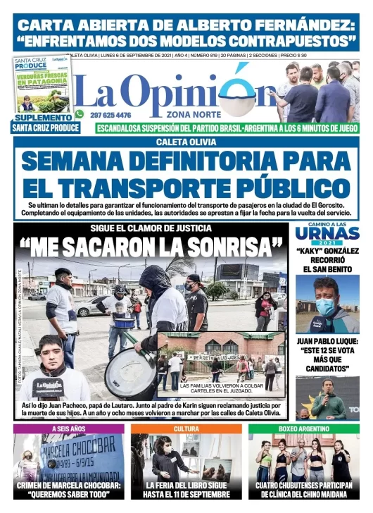 Diario La Opinión Zona Norte tapa edición impresa del 6 de septiembre de 2021, Caleta Olivia, Santa Cruz, Argentina