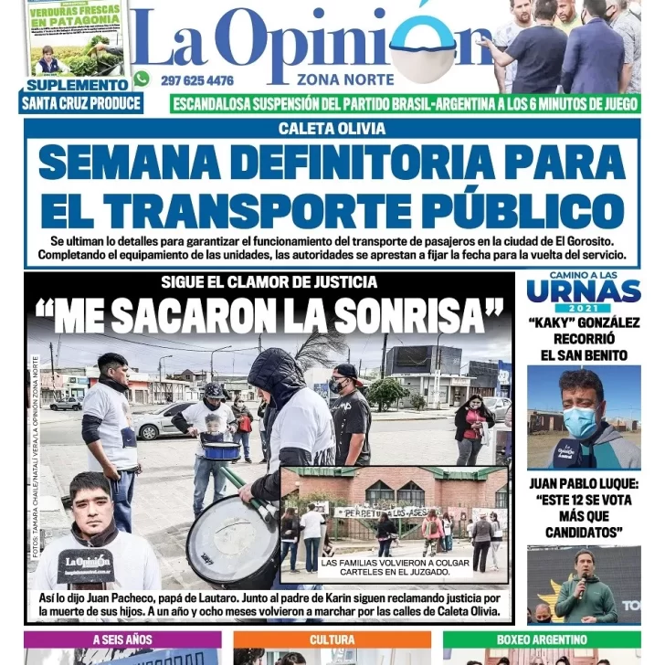 Diario La Opinión Zona Norte tapa edición impresa del 6 de septiembre de 2021, Caleta Olivia, Santa Cruz, Argentina