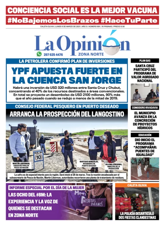 Diario La Opinión Zona Norte tapa edición impresa del 8 de marzo de 2021, Santa Cruz, Argentina