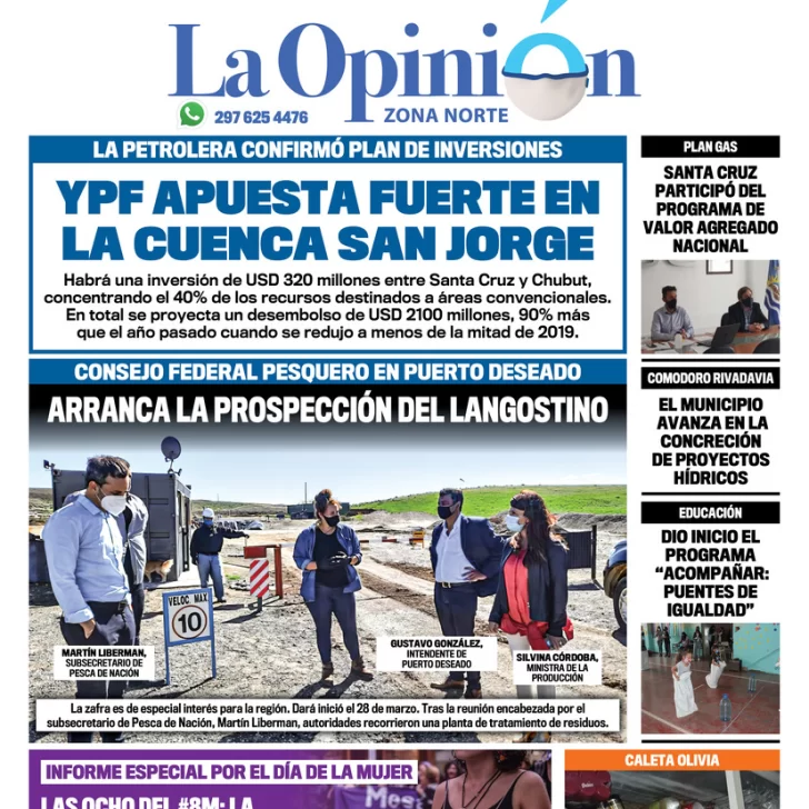 Diario La Opinión Zona Norte tapa edición impresa del 8 de marzo de 2021, Santa Cruz, Argentina