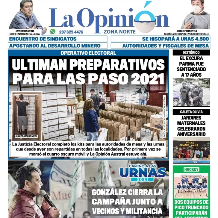 Diario La Opinión Zona Norte tapa edición impresa del 9 de septiembre de 2021, Caleta Olivia, Santa Cruz, Argentina
