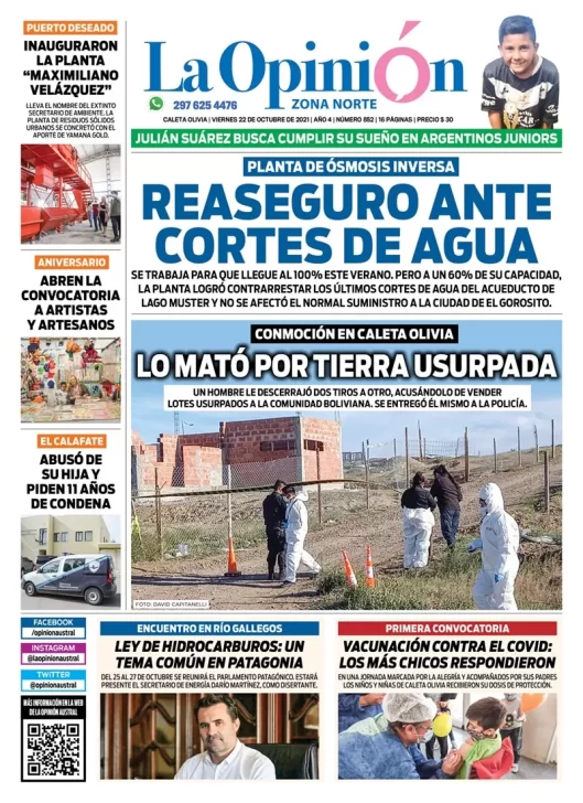 Diario La Opinión Zona Norte tapa edición impresa del 22 de octubre de 2021, Caleta Olivia, Santa Cruz, Argentina