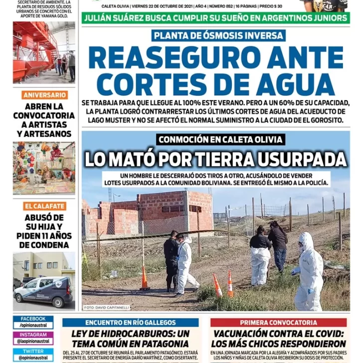 Diario La Opinión Zona Norte tapa edición impresa del 22 de octubre de 2021, Caleta Olivia, Santa Cruz, Argentina