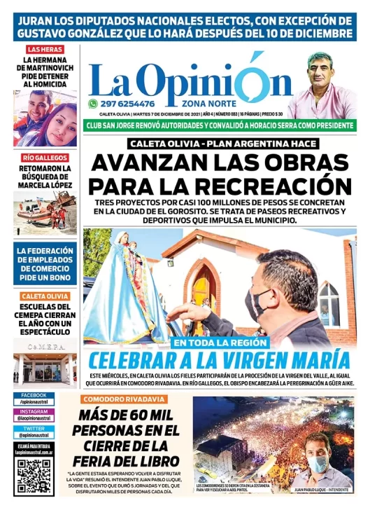 Diario La Opinión Zona Norte tapa edición impresa del 7 de diciembre de 2021, Caleta Olivia, Santa Cruz, Argentina