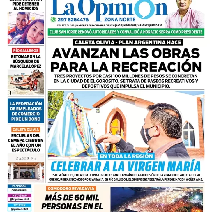 Diario La Opinión Zona Norte tapa edición impresa del 7 de diciembre de 2021, Caleta Olivia, Santa Cruz, Argentina